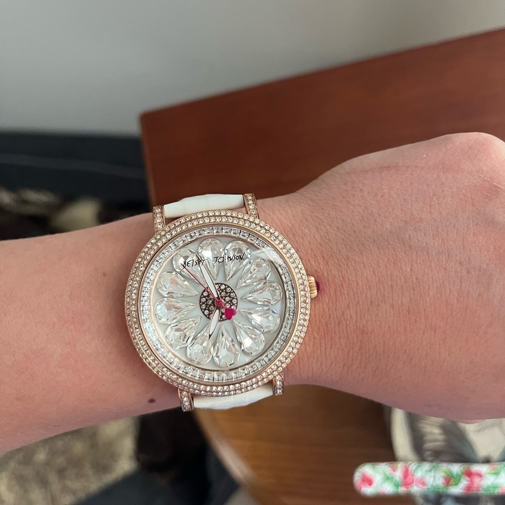 Betsey Johnson White Leather and Crystal Watch